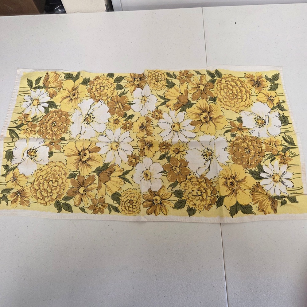 Vintage 70s Floral Tea Towel Yellow White Brown Retro Kitchen Dish Cloth 28x16